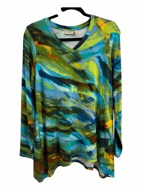 LOGO by Lori Goldstein V Neck Sharkbite Top Blue Green Rayon 230 Small Like New